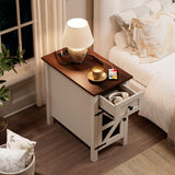 HAIOOU Farmhouse End Table with Charging Station, Narrow White Side Tables with Storage Cabinet and Drawer, Wood Nightstand with Power Outlets & USB Ports for Bedroom, Living Room HAIOOU