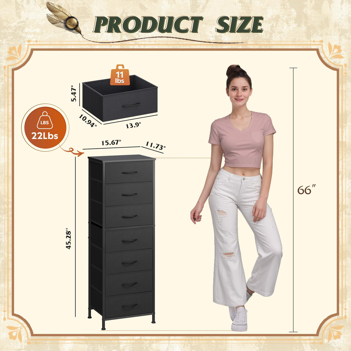 WLIVE Black Tall Dresser for Bedroom, 7 Drawer Dressers & Chests of Drawers, Fabric Dresser for Closet, Living Room, Night Stand with Metal Frame, Storage Tower with Fabric Bins, Wood Top WLIVE