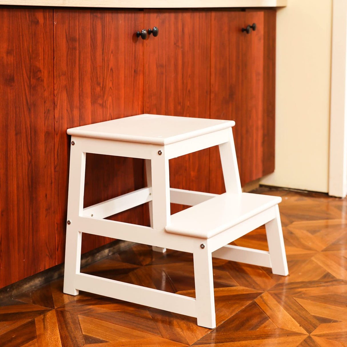 Kids Kitchen Step Stool with Safety Rail,Wooden Toddler Standing Tower for Kitchen Counter, Kids Montessori Stool, Solid Wood Construction,White Wiifo