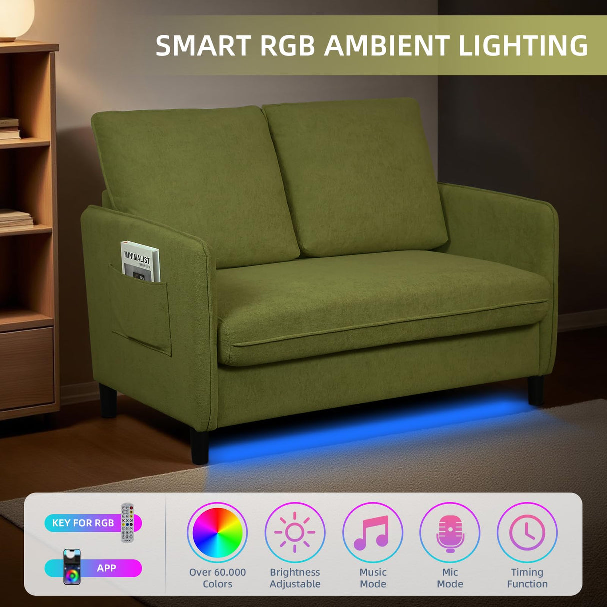 Zoxeions 51" Small Loveseat Sofa, Comfy Teddy Fabric with LED Mood Lighting Perfect for Bedroom, Living Room & Small Spaces, Tool-Free Assembly, Solid Wood Mini Couch for Apartment, Dorm Zoxeions