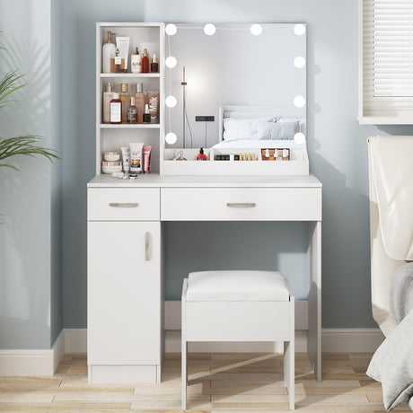 Fameill White Vanity Desk with Mirror and Lights,Makeup Vanity with 2 Drawers Lots Storage,Vanity Table with Lighted Mirror,3 Lighting Colors, Brightness Adjustable,35in(L) Fameill