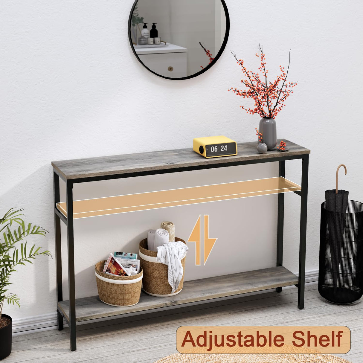 Timberer Narrow Console Table, 47 Inch Sofa Table with Adjustable Shelf, 2-Tier Long Skinny Table for Hallway, Entryway, Living Room, Foyer, Grey Timberer