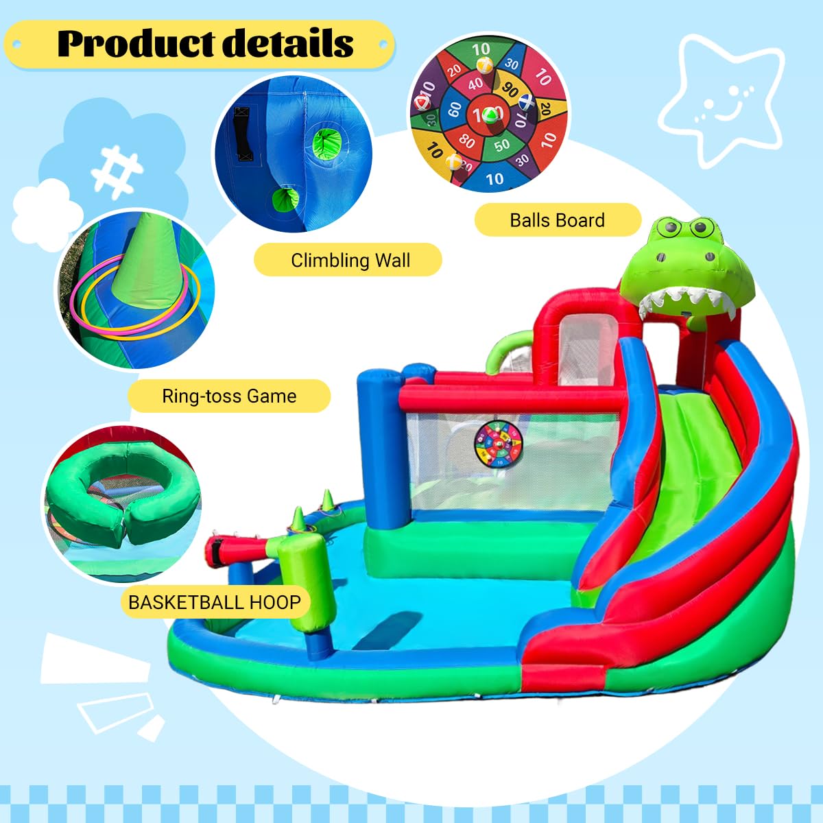 Large Dinosaur Inflatable Bounce House with Water Slide for Kids, Bouncy Castle, Splash Pool, Basketball Hoop, Climbing Wall, Air Blower, Outdoor Backyard Fun SkyGiggles