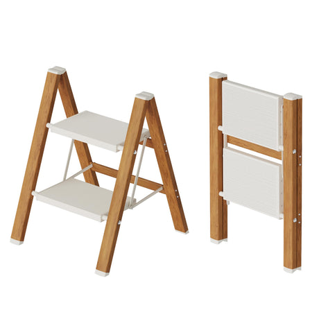 Mayi Plus 2 Step Lightweight Aluminum Folding Ladder, Portable Step Stool with Anti-Slip Pedals, 330 lbs Capacity for Home, Office, Kitchen（White&Woodgrain） mayi plus