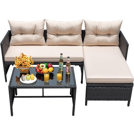 Devoko Outdoor Patio Furniture 3-Piece Rattan Waterproof Outdoor Sectional Sofa All-Weather L Shaped Patio Couch with Cushion Glass Table for Balcony, Garden (Beige) Devoko
