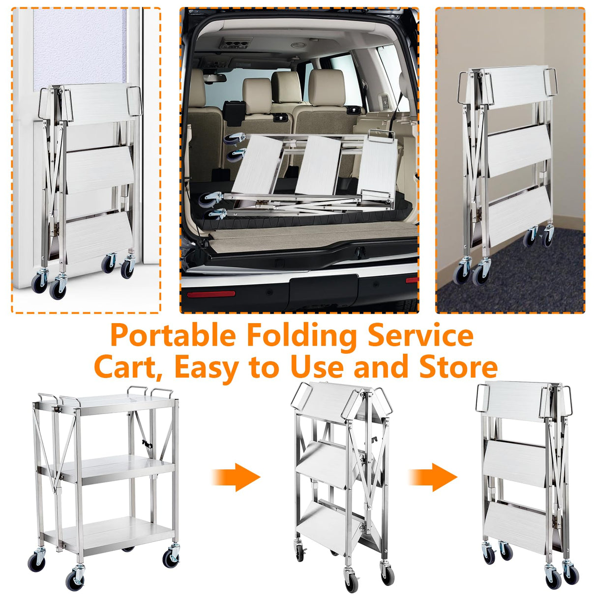 Agrestem Portable Folding Service Cart, 3 Shelf Stainless Steel cart, 3 Stainless Steel Shelves Up to 440 lbs Load Capacity, Folding Collapsible Service Cart for Office Home Warehouse Agrestem