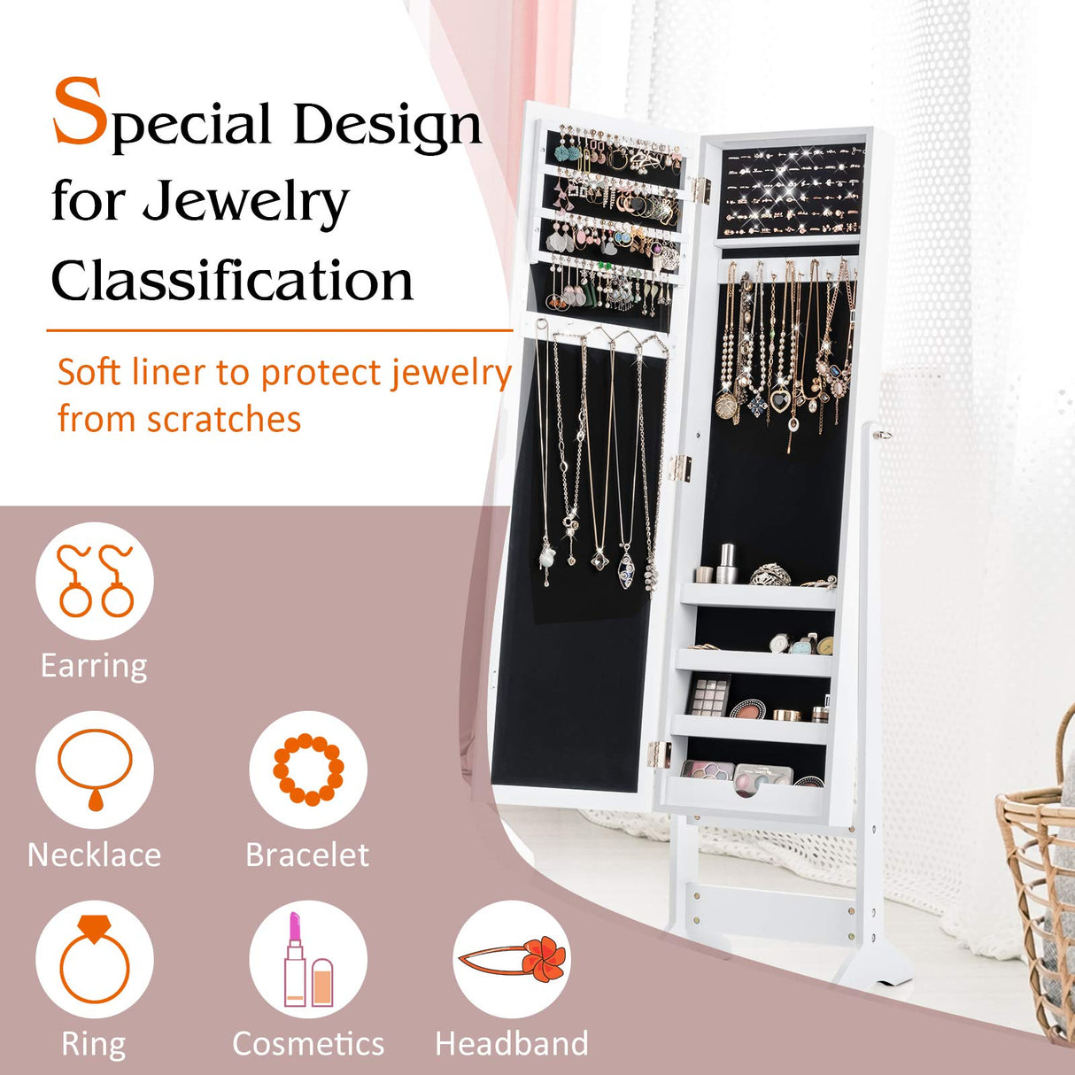Giantex Jewelry Cabinet with Full-Length Mirror, Standing Jewelry Armoire Organizer with 64 Earring Slots, 20 Necklace Hooks, 72 Ring Slots, 4 Storage Shelves, 3 Angel Adjustable (White) Giantex