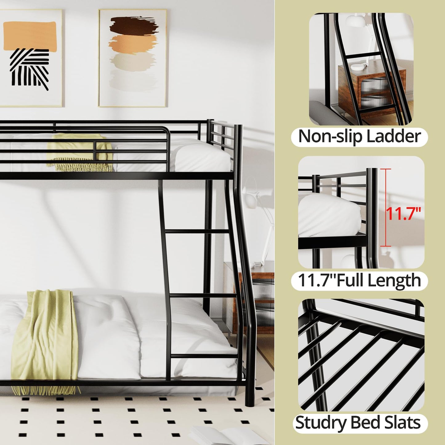 TURRIDU Twin XL Over Queen Bunk Bed, Heavy Duty Metal Bunk Bed Frame with Full-Length Guardrails & Ladders, Bedroom Bunk Bed for Teens, Adults, Noise Free, Black