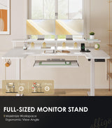 OffiGo U Shaped Electric Standing Desk with Keyboard Tray, 55 Inch Height Adjustable Desk with Power Outlets & LED Lights, Sit Stand Table with Monitor Stand for Home, Office, White OffiGo