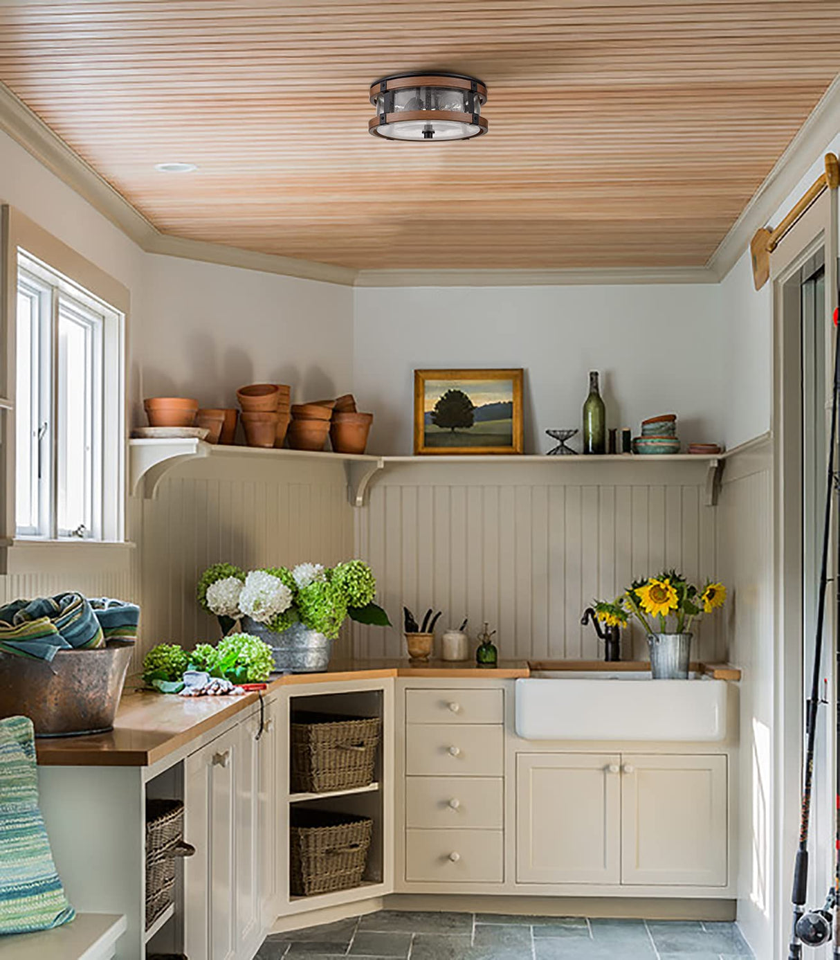 DEYNITE Farmhouse Ceiling Light Fixture 2-Light Hallway Ceiling Light in Black & Rustic Wood Grain Finish with Clear Seeded Glass Shade DEYNITE