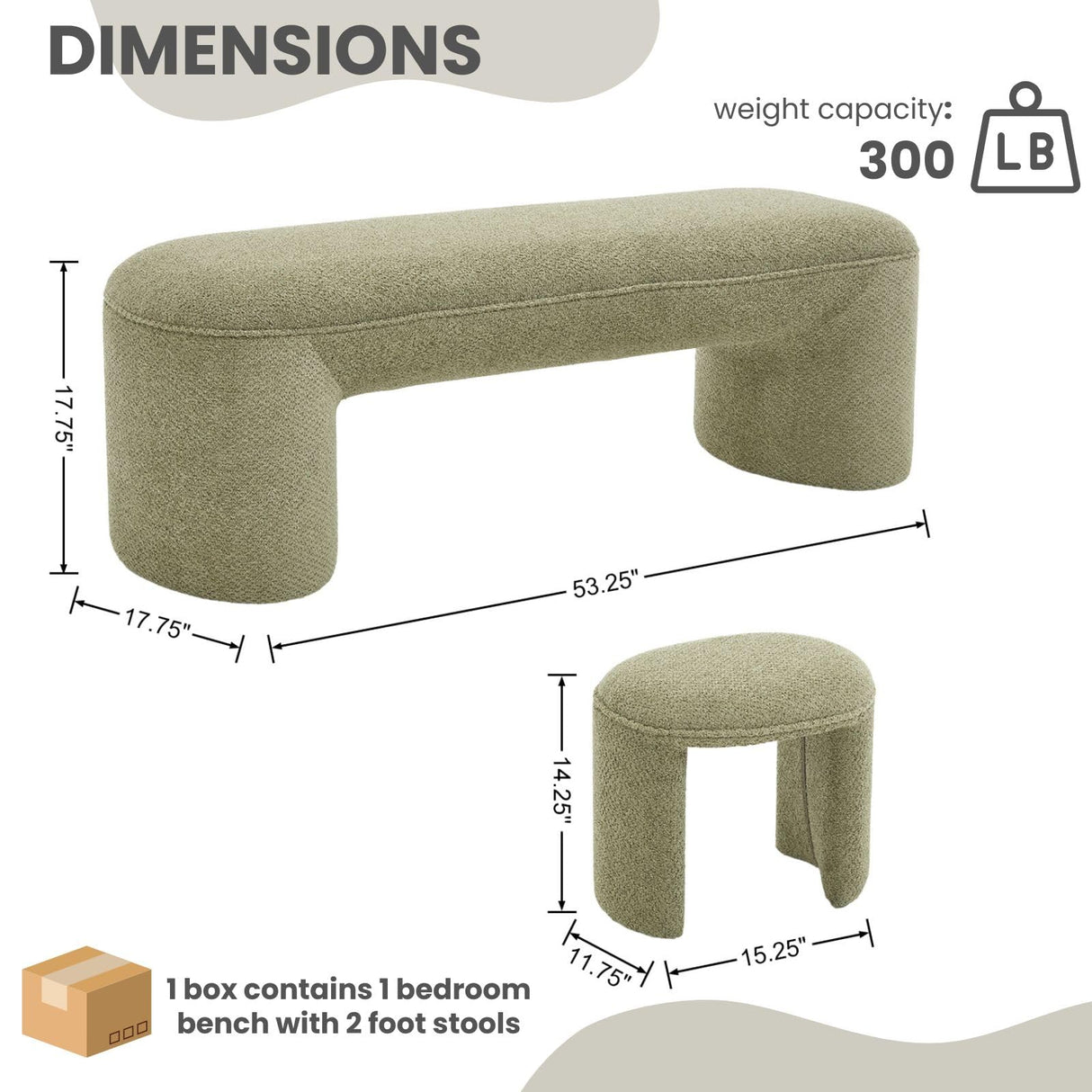 ChicAura 3-Piece Nesting Ottoman Bench Set，53" Long Upholstered End of Bed Bench with 2 15" Foot Stools Chenille Modern Arched Bench Comfy Entry Bench Vanity Stools for Living Room Bedroom, Green ChicAura