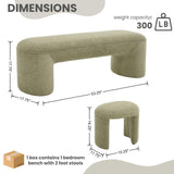 ChicAura 3-Piece Nesting Ottoman Bench Set，53" Long Upholstered End of Bed Bench with 2 15" Foot Stools Chenille Modern Arched Bench Comfy Entry Bench Vanity Stools for Living Room Bedroom, Green ChicAura