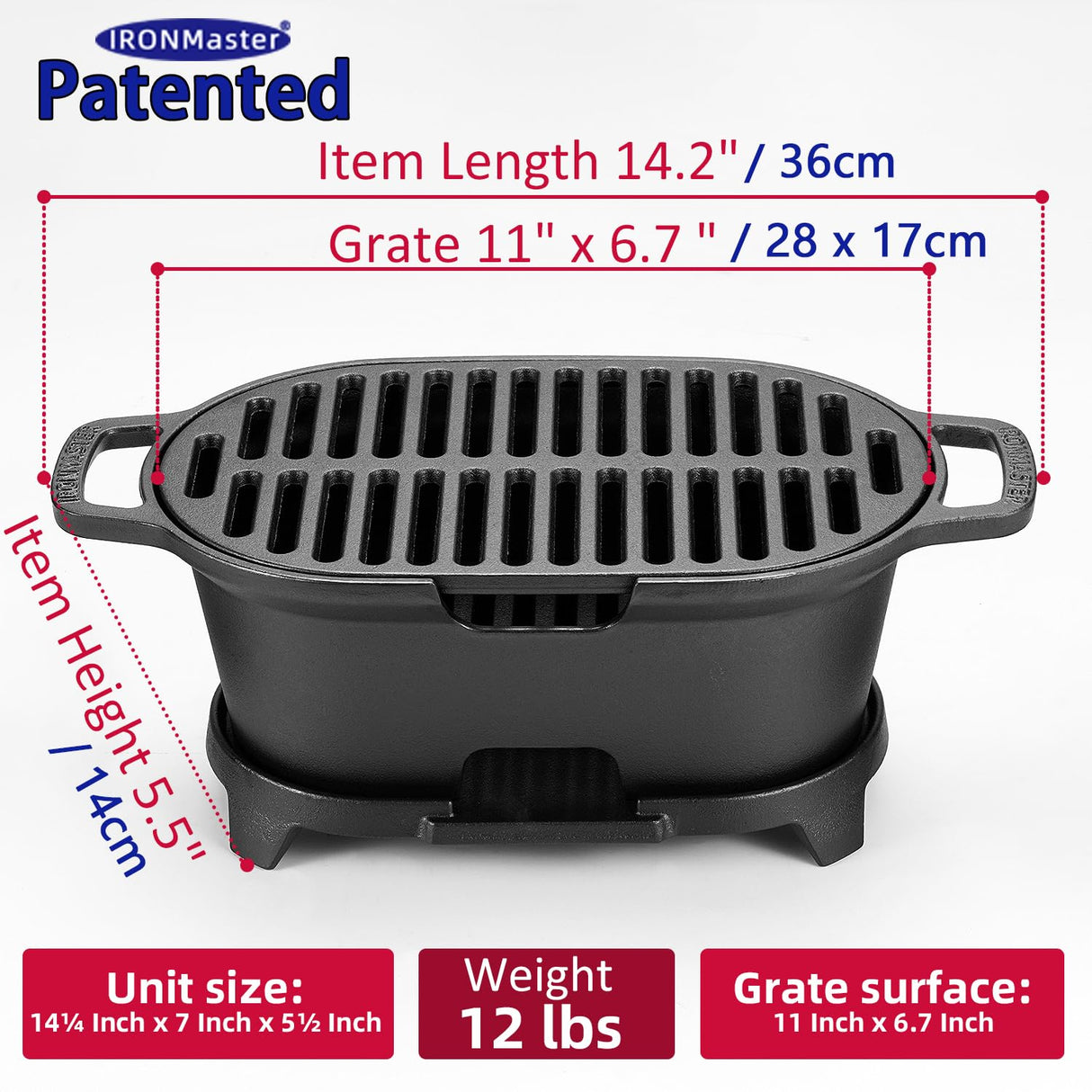 IronMaster Mini 100% Cast Iron Hibachi Grill, Tabletop Small Portable Charcoal Grill for Outdoor Camping, Japanese BBQ Grill Grate Surface 11" x 6.7 " IronMaster