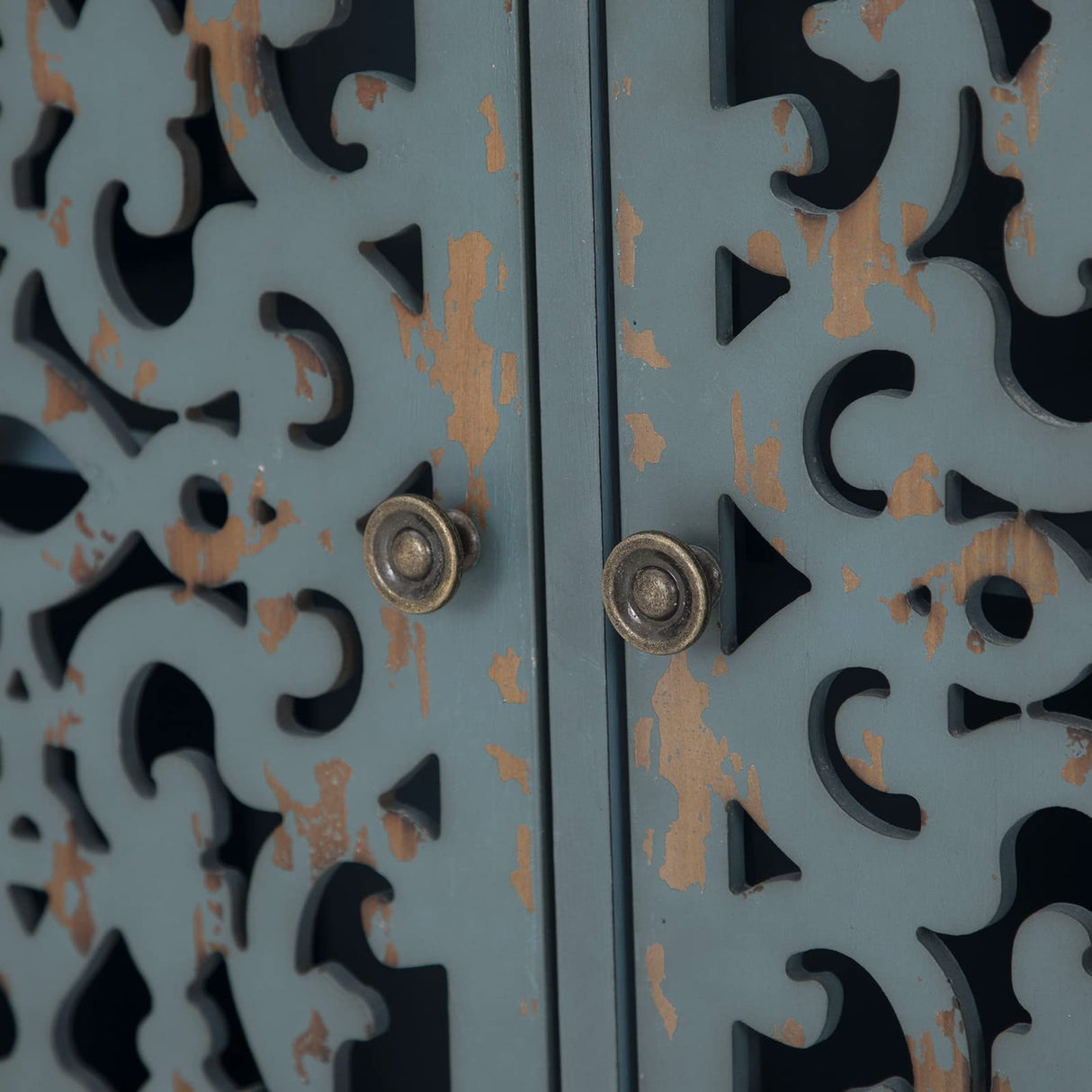 Sophia & William Accent Cabinet Small with Single Door, 31.5" Tall Side End Table, Distressed Nightstand with Wooden Frame and Hollow Carved Door, Blue, 1-Door Sophia & William