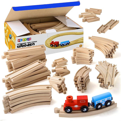 Play22 Wooden Train Tracks - 52 PCS + 2 Bonus Car Toy Trains - for Kids is Compatible with Thomas Wooden Railway Systems and All Major Brands -
