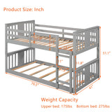 Low Bunk Bed Twin Over Twin, Twin Over Twin Bunk Bed with Ladder, Kids Bunk Beds with Full Length Guardrail, Montessori Floor Bunk Beds for Kids, Boys,Girls, Gray Bunk Bed Twin Size Bellemave