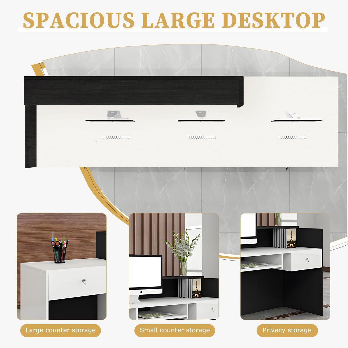 Modern Reception Desk with Storage Drawers and Open Shelves, 47-95 Inch Front Counter Table for Office, Salon, Lobby, Retail Store, or Home Workspace LSZMXI