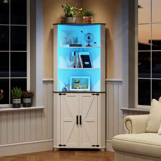 TAGELIER 67" Farmhouse Corner Cabinet with LED Lighting & Customizable Shelves in White - WoodArtSupply