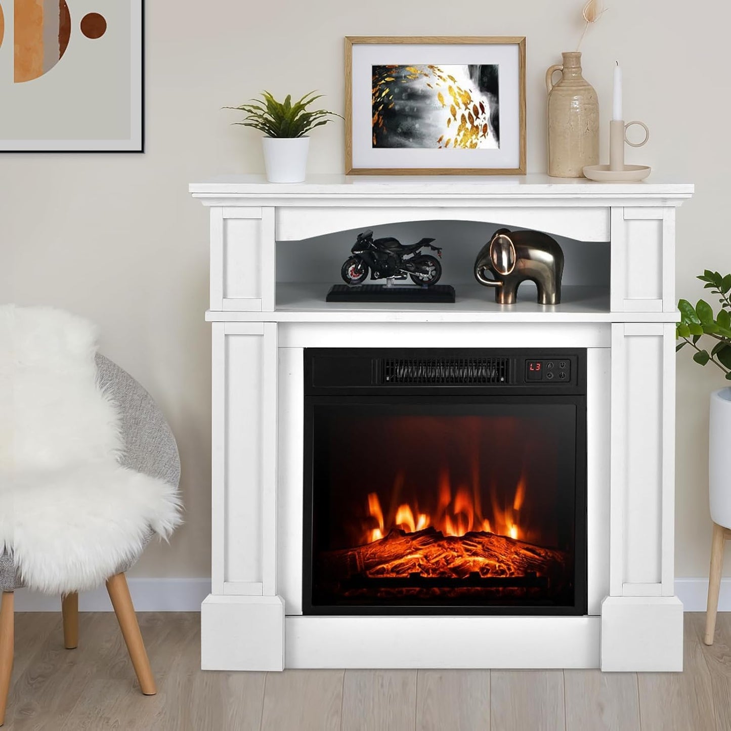 OFFICEJOY Electric Fireplace with Mantel, 32’’ Freestanding Fireplace Realistic Flame with Thermostat, 3 Brightness & Remote Control, Electric Fireplace Heater with Temperature Control & Timer (White)