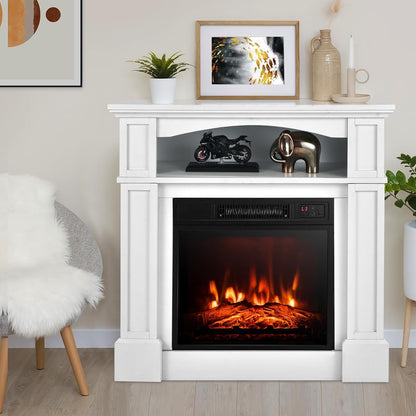 OFFICEJOY Electric Fireplace with Mantel, 32’’ Freestanding Fireplace Realistic Flame with Thermostat, 3 Brightness & Remote Control, Electric Fireplace Heater with Temperature Control & Timer (White)