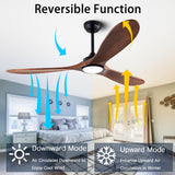 QUTWOB 60" Wood Ceiling Fans with Lights and Remote Control,Indoor Outdoor 3 Blades Wooden Ceiling Fan for Garage,Patio,Living Rooms,Bedrooms,Offices,Farmhouse(Black+Dark Walnut) QUTWOB