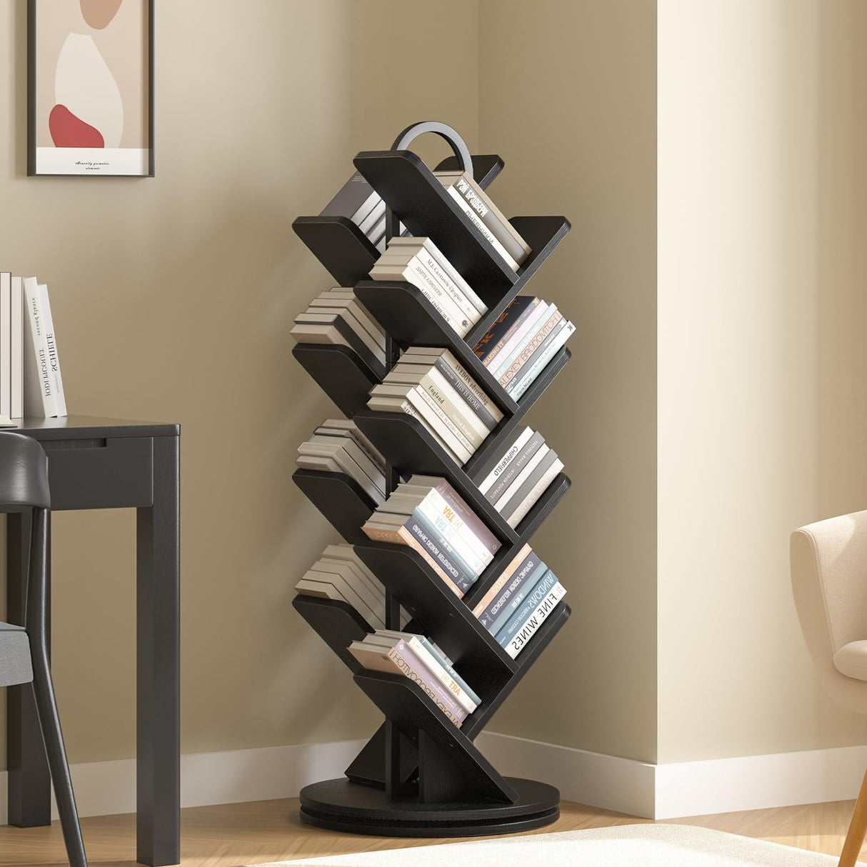 TVU 18-Tier Tree Rotating Bookshelf, 360 Degree Spinning Standing Bookcase for Magazines DVDs Books, Corner Bookcase for Living Room Bedroom Study (Black) TVU