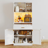 HOOBRO Pantry Cabinet, 67" Kitchen Pantry Storage Cabinet with LED Lights and Charging Station, Modern Hutch Cabinet with Microwave Stand, Cup and Goblet Holders, Shelves for Kitchen, White HOOBRO