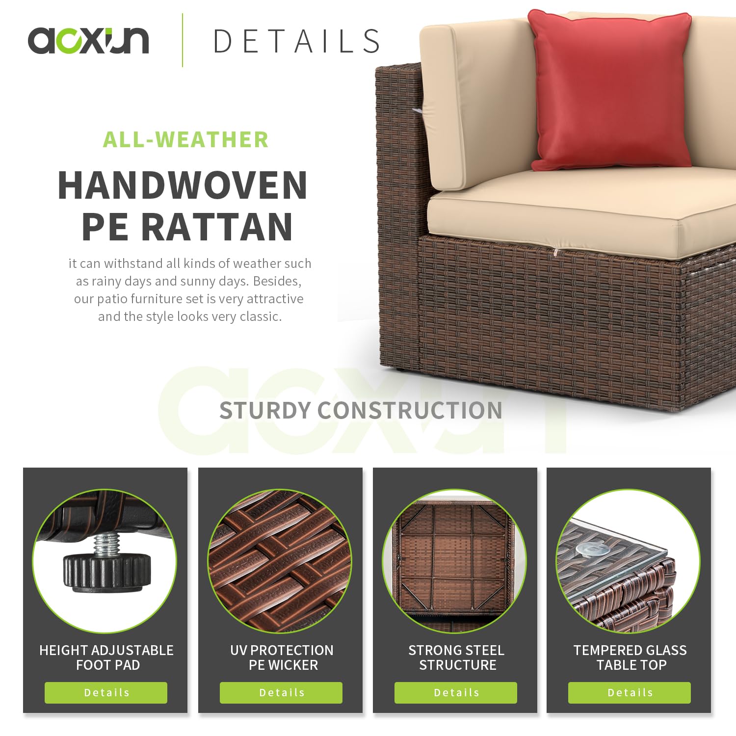 Aoxun 5-Piece Patio Furniture Set Wicker Rattan Conversation Set Outdoor Sectional Sofa Removable Cushions and Tempered Glass Coffee Table Suitable for Small Size (Brown) - WoodArtSupply