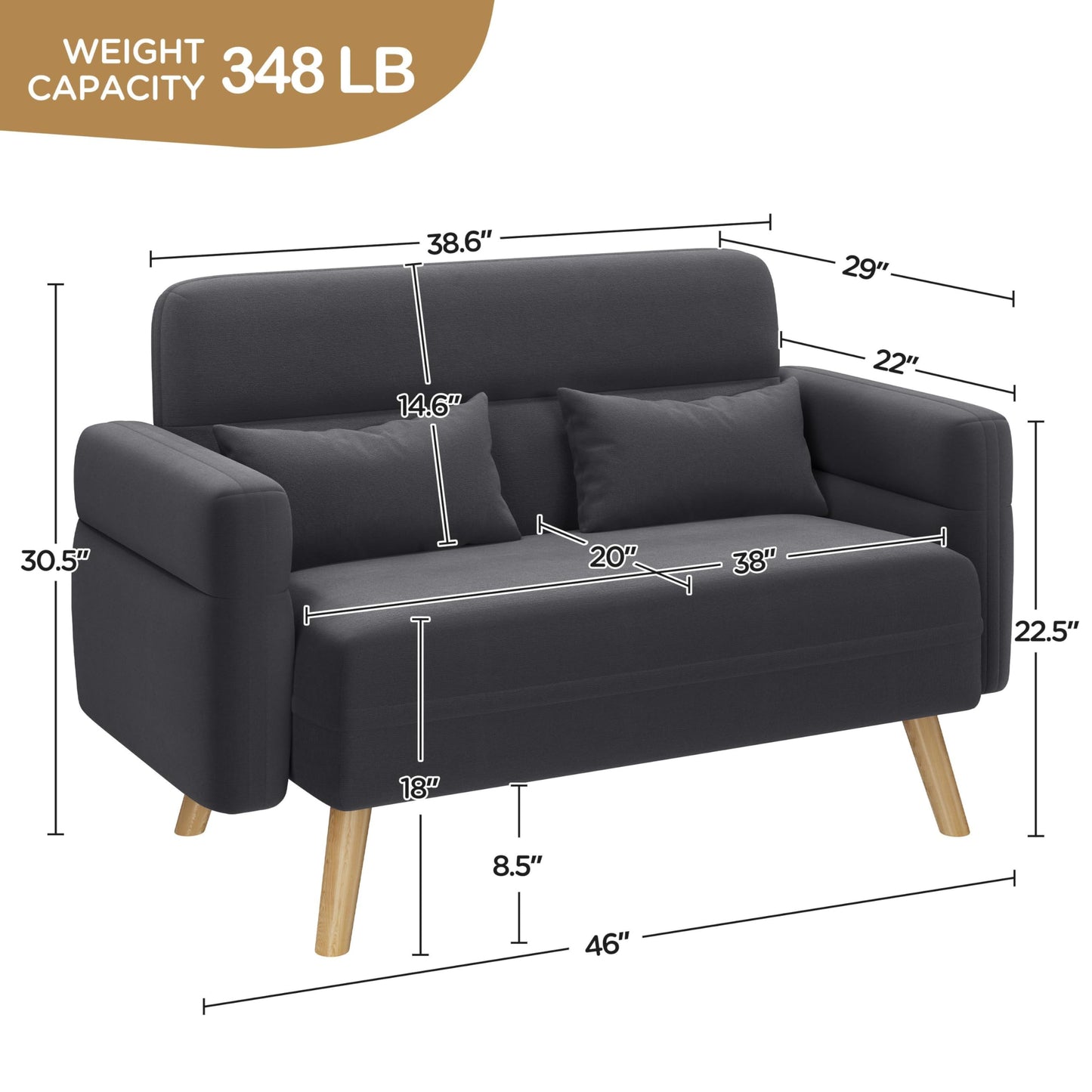 Yaheetech 46" Small Modern Fabric Sofa Loveseat Mid Century 2 Seater Sofa Couch with Lumbar Pillows, Solid Wood Legs for Small Space, Dorm, Office, Bedroom, Dark Gray - WoodArtSupply