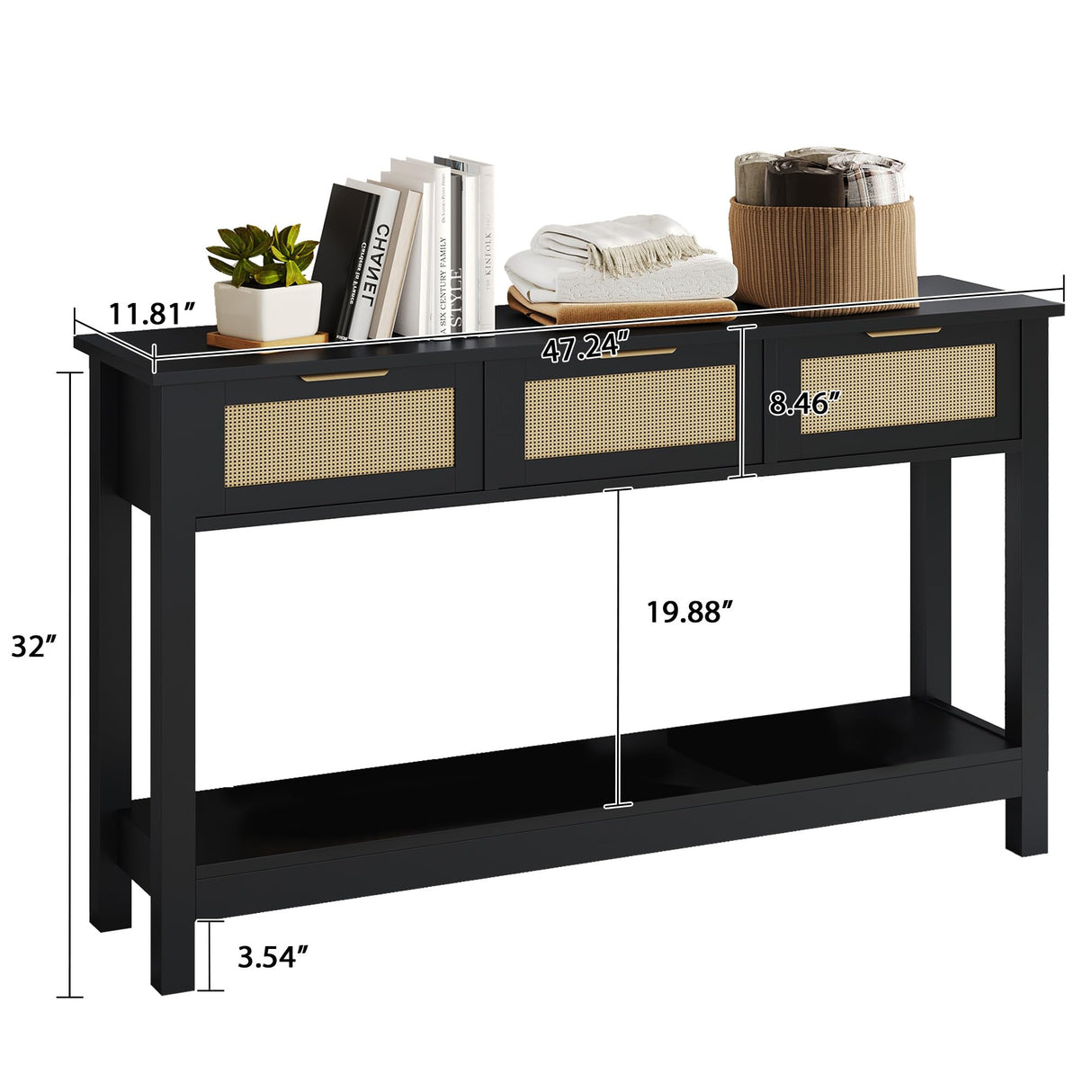 Luoxiao Rattan Console Table, Boho Entryway Table, Narrow Long Sofa Table, Hallway Foyer Table, Behind Couch Table with 3 Drawers and Open Storage Shelf for Living Room and Corridor, Black Luoxiao