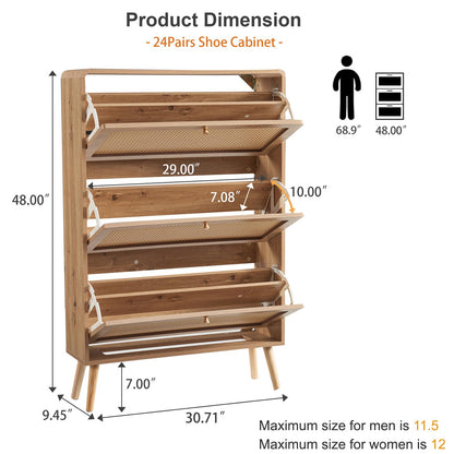 Anewome Rattan Shoe Cabinet with 3 Flip Drawers, 24 Pairs Shoe Storage Cabinet for Entryway Freestanding Hidden Shoe Rack with Drawers Slim Shoe Organizer for Hallway, Living Room, Natural