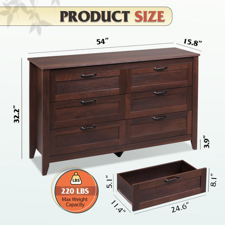 WLIVE 6 Drawer Dresser, Retro Chest of Drawers with Metal Handle, Double Wood Dresser for Bedroom, Living Room, Large Storage Cabinet, Brown WLIVE
