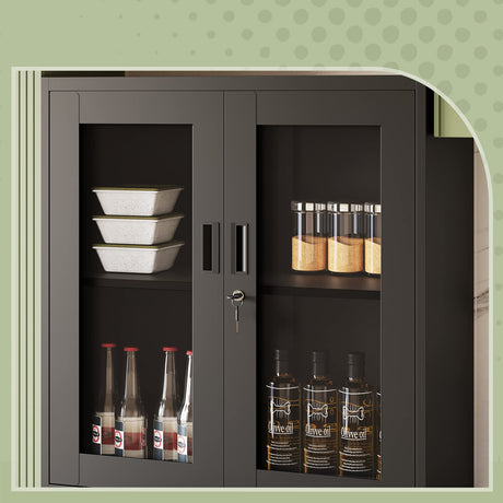 Yizosh Metal Storage Cabinet with Glass Doors - 71" Locking Display Cabinet with 2 Adjustable Shelves, 4-Tier Tall Steel Cabinet Locker for Kitchen, Living Room, Dining Room (Black) Yizosh
