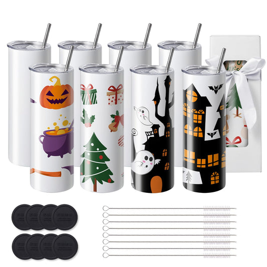 VEVOR 8 Pack Sublimation Tumblers 20 Oz Skinny Straight, Stainless Steel Sublimation Tumblers Blank, Stainless Steel Double Wall Tumbler for Heat Transfer Customized Gifts with Lid and Straw, Gift Box