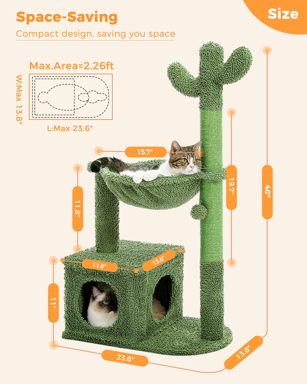 MUTTROS Cactus Cat Tree 40" Cat Tower with Large Metal Carpet Hammock, Cat Scratching Post for Indoor Cats with Condo& Dangling Ball, Green MUTTROS