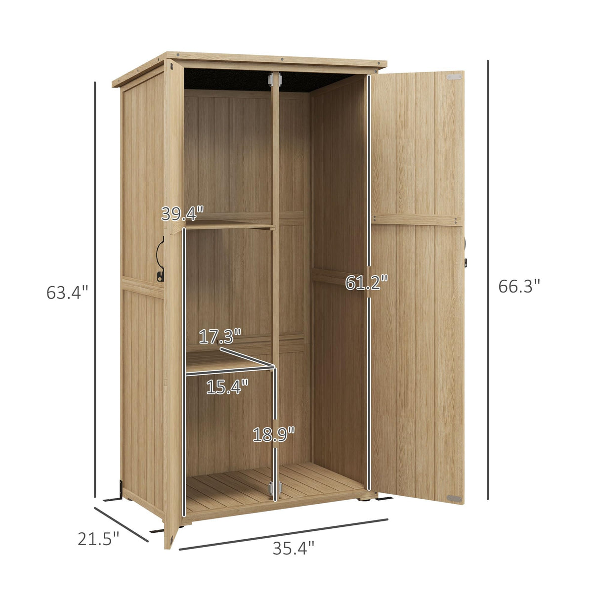Outsunny Wooden Garden Shed, Outdoor Storage Cabinet with Waterproof Asphalt Roof, Narrow Tool Shed with Shelves and Lockable Doors, Natural Outsunny