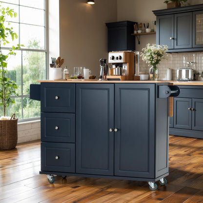 MFSTUDIO Large Rolling Kitchen Island on Wheels, Mobile Kitchen Island Cart with Drop Leaf, 3 Drawers, Wood Countertop, Portable Kitchen Island with Storage for Kitchen Dining Room, Navy Blue - WoodArtSupply