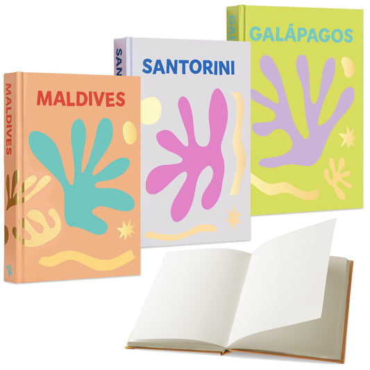 Maplefield XL Travel-Themed Blank Book Set of 3 for Writing, Home Decor, Coffee Table, Bookshelves – Luxury Decor (Maldives, Santorini, Galapagos)