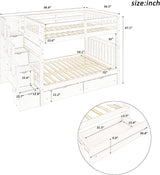 MERITLINE Full Over Full Convertible Bunk Bed with Storage Stairs, Storage Shelves and Drawers,Solid Wood Detachable Bunk Bed with Bookcase and Ladder for Adults,No Box Spring Needed (White) MERITLINE