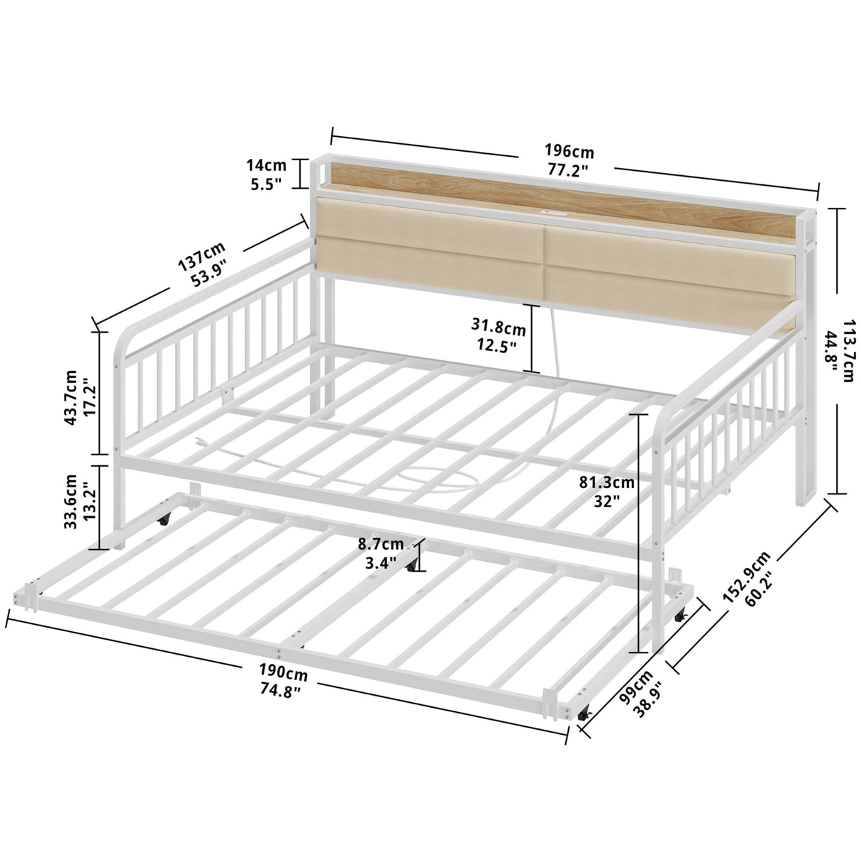 LIKIMIO Daybed with Trundle, Sturdy Metal Full Size Bed Frame with Upholstered Headboard and Charging Station for Living Room, Bedroom and Guest Room, White LIKIMIO