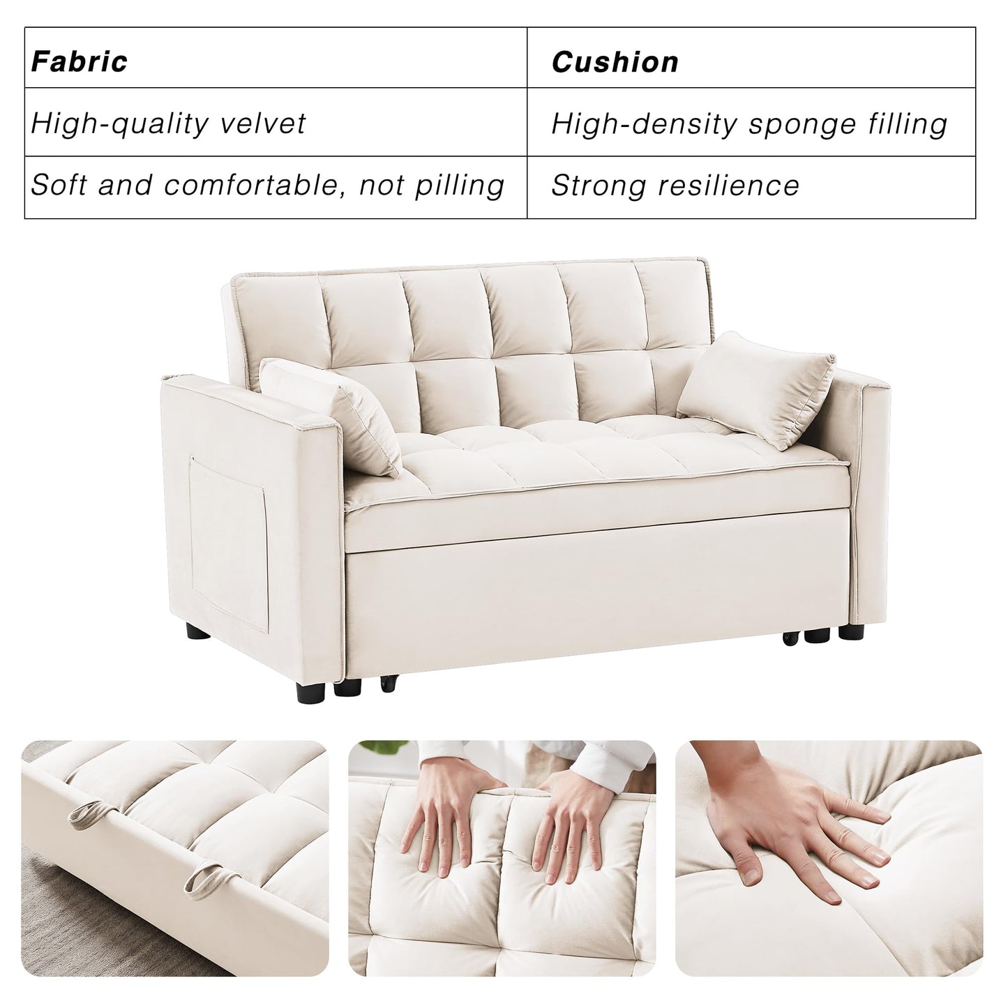 Wakefit 3 in 1 Convertible Sleeper Sofa Bed, Futon Couches for Living Room with Side Pocket | Adjustable Backrest| Velvet Fabric | Pull Out Couch | Recliner Loveseat | Sectional Sofa, Creamywhite