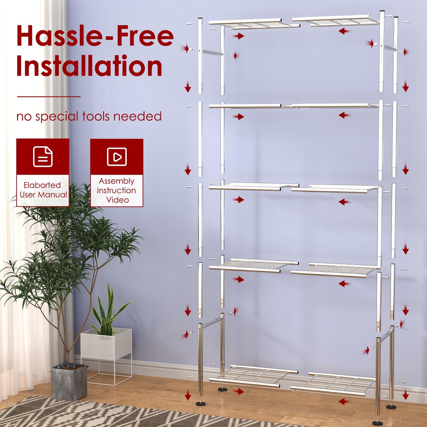 Sakugi Storage Shelves - 5 Tier Shelf Organizer, Heavy Duty Garage Shelving Unit with Leveling Feet, Stable Metal Shelves Organizer for Pantry, Kitchen and Closet, 33.1" W X 12.6" D X 72.0" H, Silver