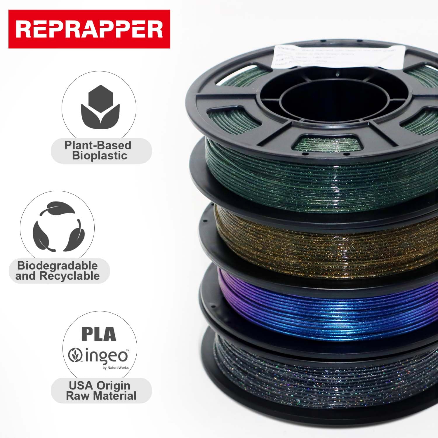 RepRapper PLA Filament, Multicolor Shiny 3D Printer Filament, Sparkle Galaxy Silk PLA1.75MM for 3D Printer, Glow in The Dark Glitter Laser Series 3D Printing Filament, 250g*4 Pack - WoodArtSupply