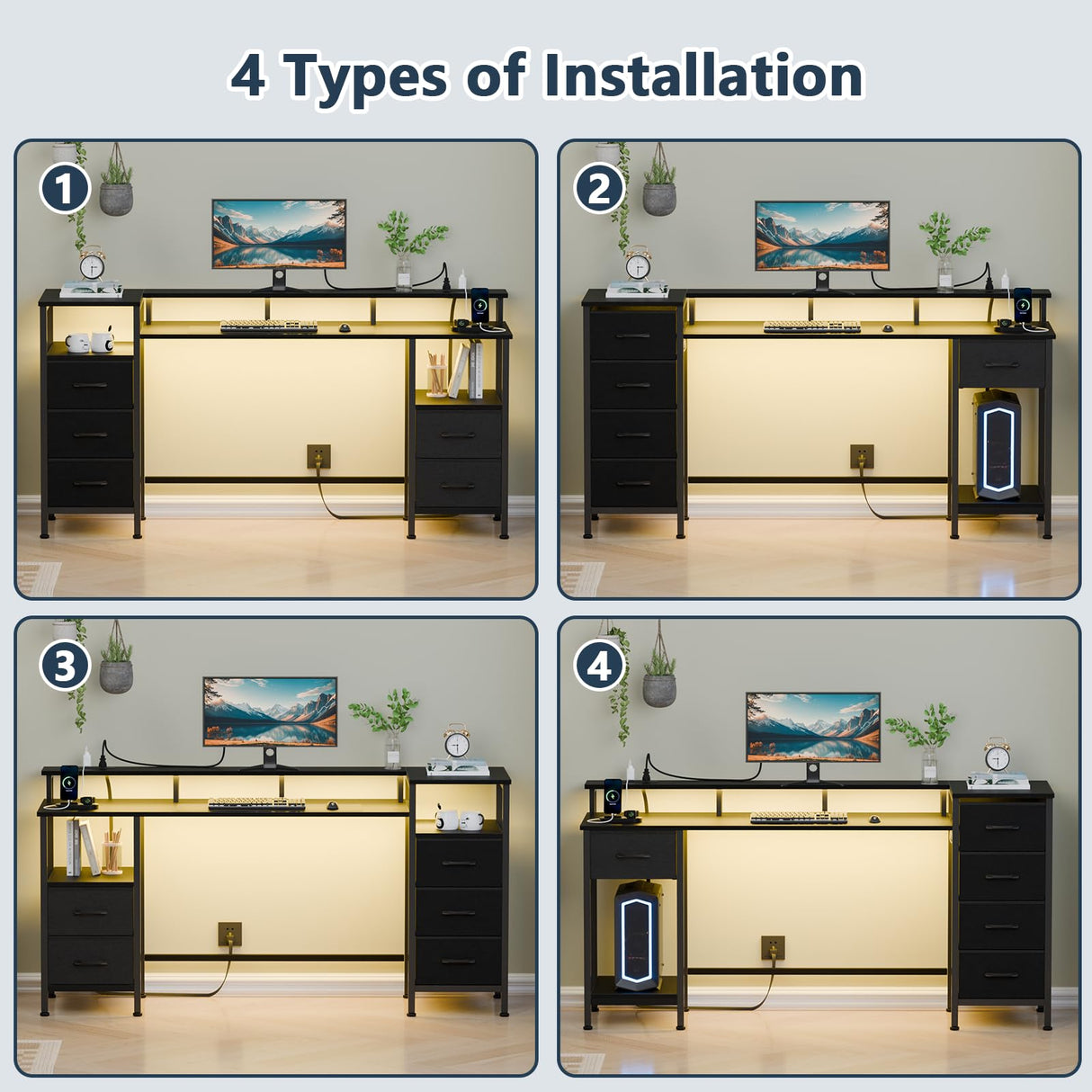Korfile Computer Desk with Power Outlets & LED Lights, Gaming Desk with 5 Fabric Drawers for Bedroom, 55 Inch Home Office Desk with Monitor Stand & Storage Shelves for Working, Black Korfile