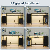 Korfile Computer Desk with Power Outlets & LED Lights, Gaming Desk with 5 Fabric Drawers for Bedroom, 55 Inch Home Office Desk with Monitor Stand & Storage Shelves for Working, Black Korfile