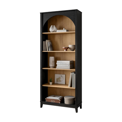 Prepac Ark 78" Tall 5-Tier Arched Bookcase, Black Oak with Oak Finish Interior, Modern Storage Accent Bookshelf with 3 Adjustable Shelves for Home, Office, Living Room, Bedroom
