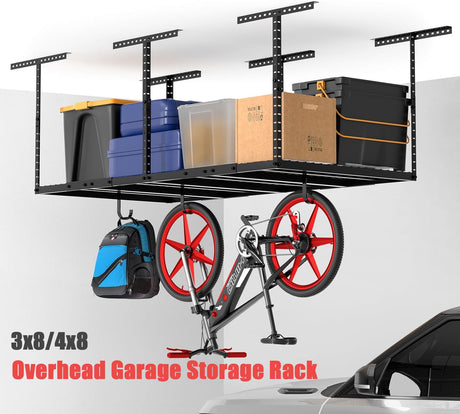 4x8 Overhead Garage Storage Rack with 4 Extra Hooks – Adjustable Heavy-Duty Garage Ceiling Storage Racks (22"-40"), Holds 600 lbs, 22 lbs per Hook, Steel Hanging Organizer for Tools, Bins & Bikes Keelian