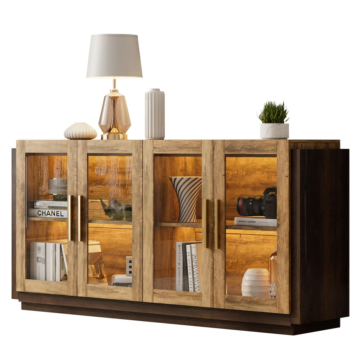 AMERLIFE Sideboard Buffet Cabinet, Mixed Color Accent Cabinet with LED Lights, Modern Glass Doors Storage Cabinet with Adjustable Shelf, Console Table for Dining, Living Room, Barnwood&Brown AMERLIFE