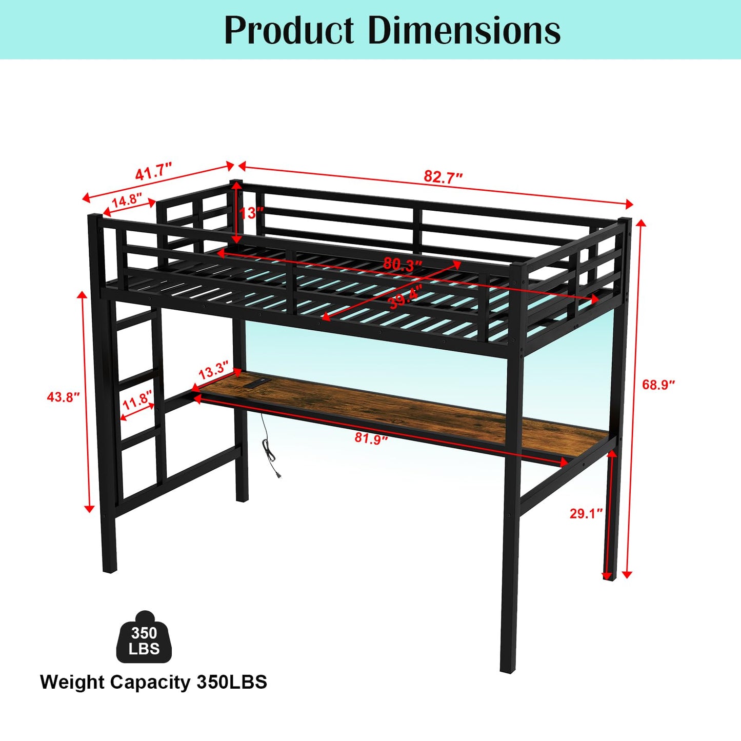 XUWANSHANG Loft Bed Twin XL Size with Desk, Metal Heavy Duty Loft Bed with LED Lights, USB Port, Twin XL Loft Bed Frames for Kids, Junior, Adults, Space Saving, Noise Free (Black, Twin XL)