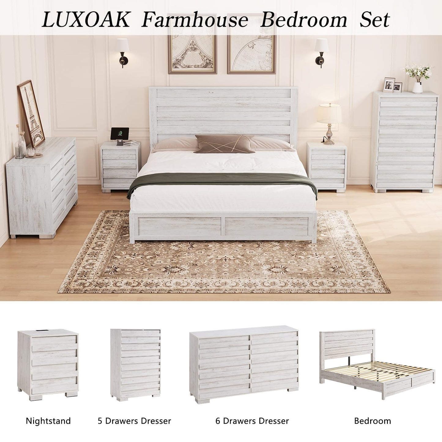 LUXOAK Farmhouse King Bed Frame with 49" Tall Headboard, Wooden Platform Beds with Hidden Metal Bed Frame, No Box Spring Needed, Distressed White